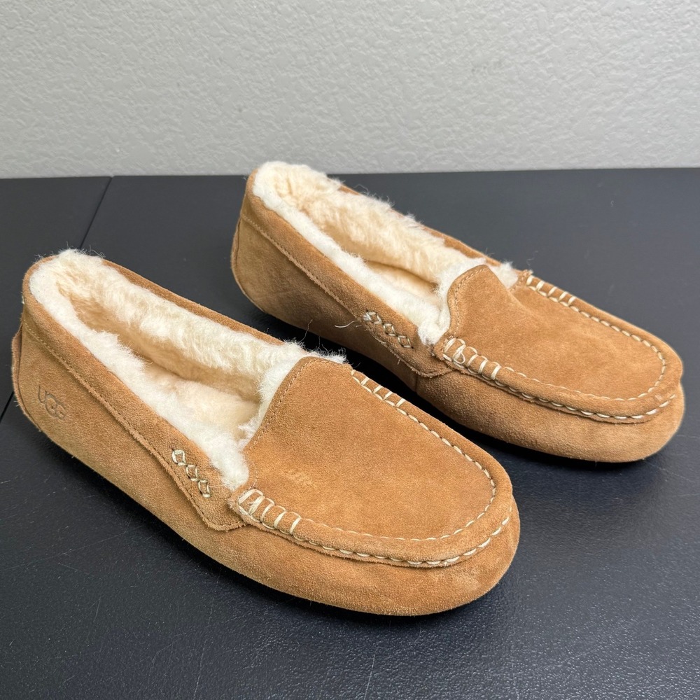 UGG Ansley Chestnut Suede Moccasin Slippers Women 3312 Wool Lined Loafers 8B